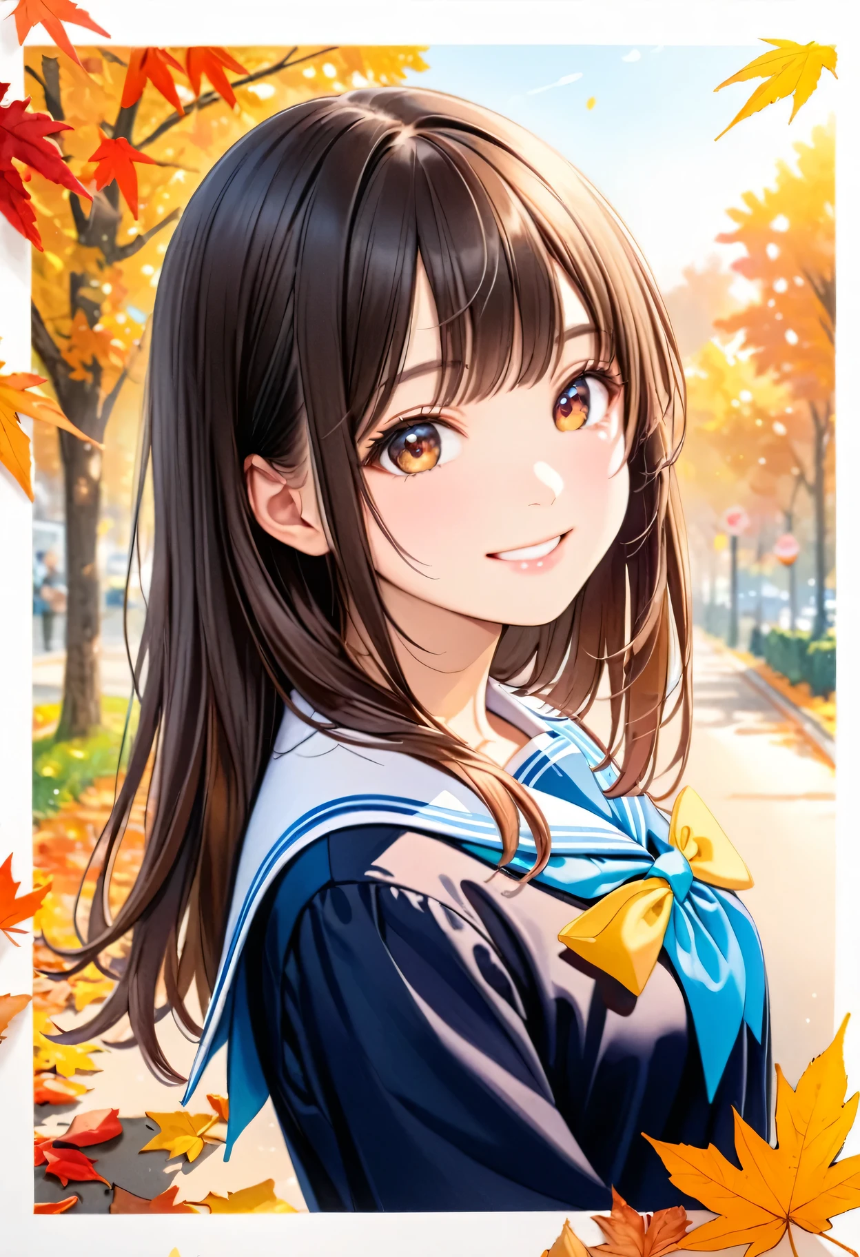 Beautiful girl，Autumn theme，art，advertisement，Colored pencil drawing，draft 、Cute school uniform,　Beautiful Face、Kanna Hashimoto、Smile、Masterpiece、Ultra high definition、