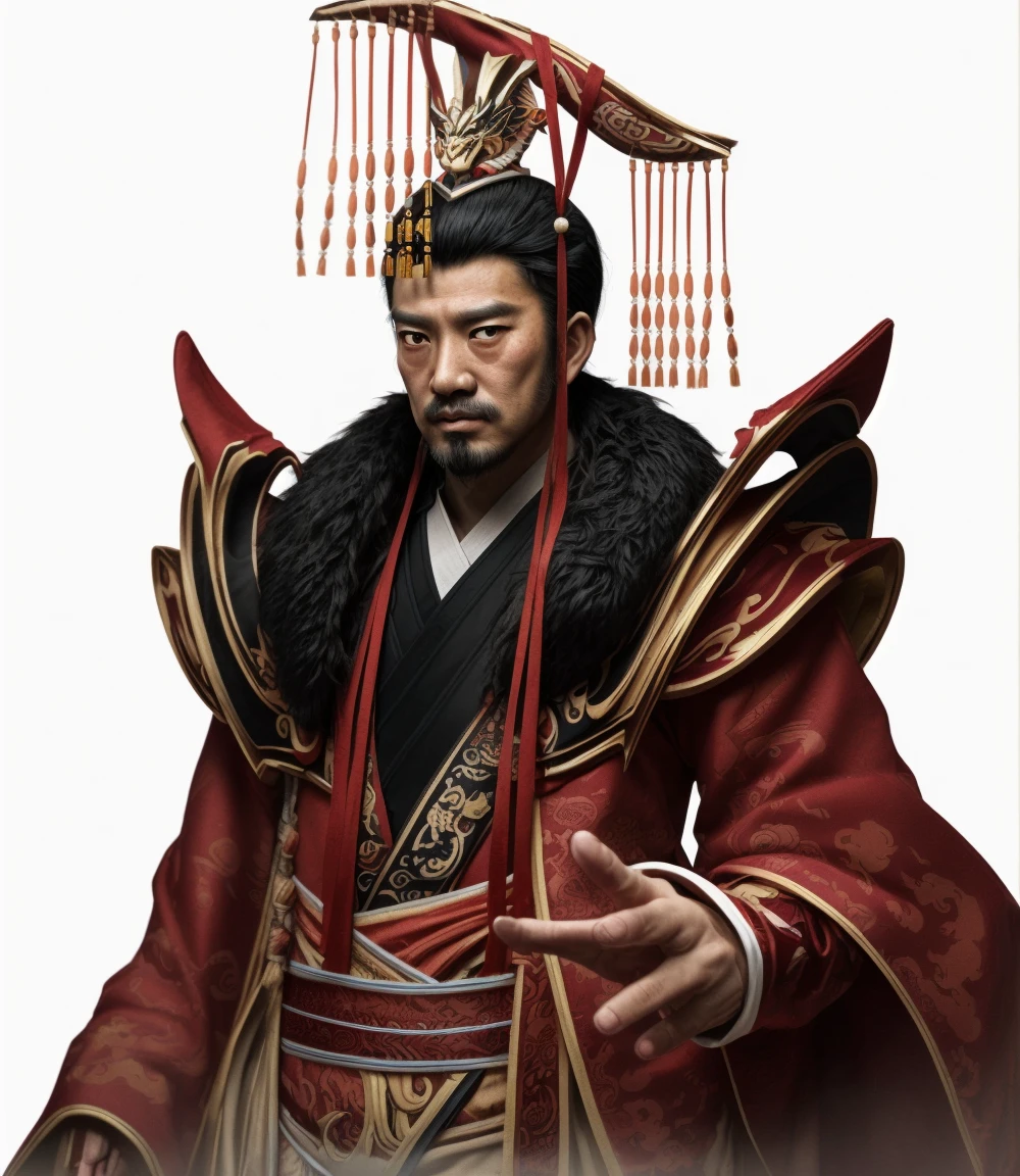 an image of an asian man dressed in traditional dragon pattern clothing, shaggy black beard, authoritative face, from three kingdoms, Emperor of the Han Dynasty, emperor's headdress, realistic, white background, 8k, super detail, ccurate, best quality, realistic, photorealistic