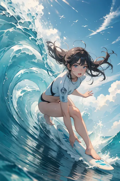 female surfer riding a wave in the ocean early in the morning、surfing、 surfboard、 big wave surfing、tube wave、the breaking waves、...