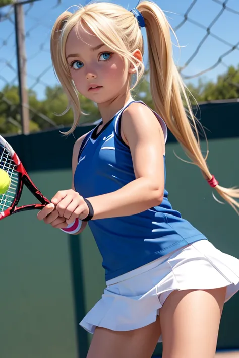 blonde blue eyed twintails 12 year old playing tennis