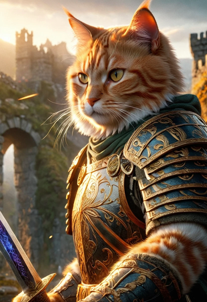 Official Art, Unified 8k wallpaper, Very detailed, Beautiful and beautiful, masterpiece, Highest quality, To the movies《Lord of the Ring》Styles，Actual scene，Epic war scenes，(Fat orange tabby cat warrior:1.4)，(whole body:1.2), Wearing elaborate armor，Has a long sword，In combat，Great Wall Background，Cool colors，texture，Ray Tracing，