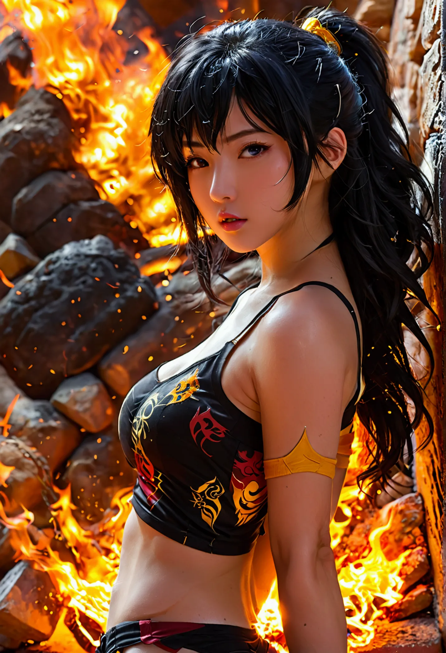 yang xioa long of 'rwby', aroused face, mystic fire all around, skin tight shorts, booty cheek shorts, 3/4 looking back pose, as...