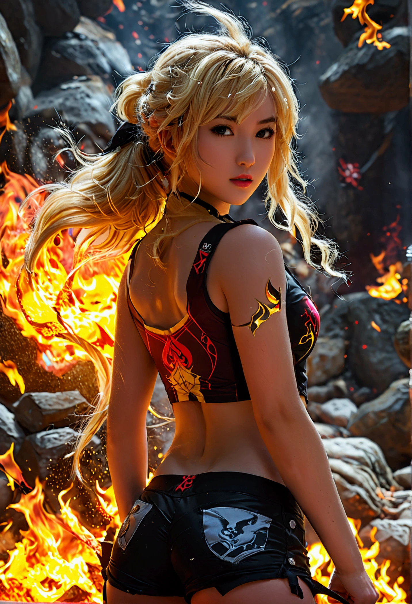 Yang Xioa Long of 'RWBY', aroused face, mystic fire all around, skin tight shorts, booty cheek shorts, 3/4 looking back pose, ass cheek peaks out from shorts