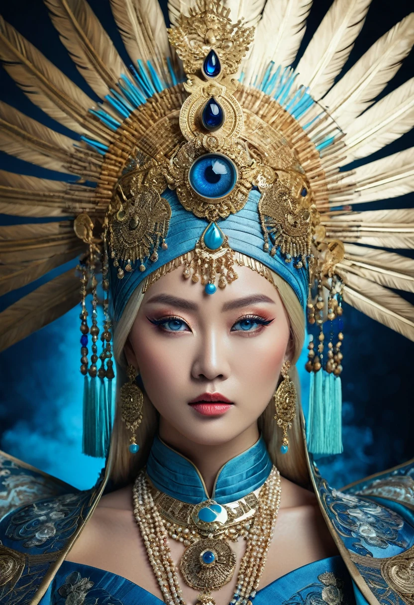 Beautiful Empress Portrait, blonde hair, Perfect blue eyes, good, Impossible eye-catching large headdress, dramatic studio lighting, Asian, surrealism, enlargement, elegant, very detailed, 8k, concept art, matte, sharp focus