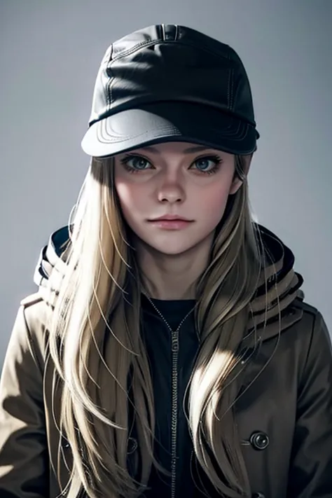 rosere, solo, hat, 1girl, long hair, realistic, hood, coat, baseball cap, blonde hair, hood down