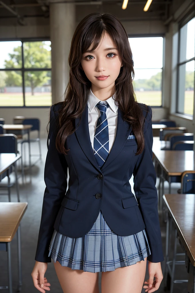 学校の教室に立っている女の子,青いネクタイの制服,ダークブルーのブレザー,青いチェック柄のスカート,1,前髪,少し笑って,太もも,膝,下から, ネイビーブルーのニーソックス, 長い髪, 黒髪, 最高品質, 傑作, 高解像度, 超高解像度, 