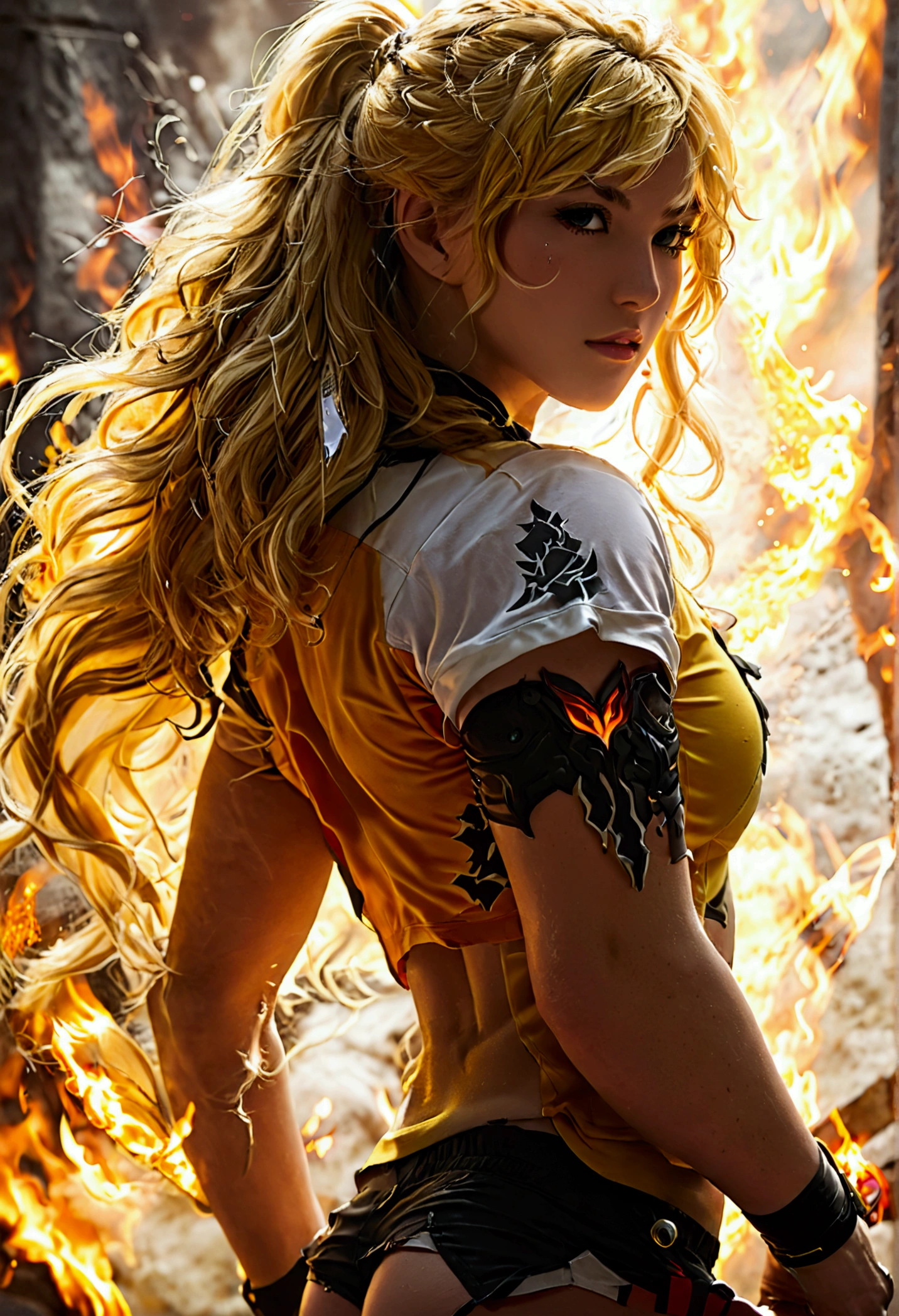 Yang Xiao Long of 'RWBY', aroused face, yellow hair, mystic fire all around, skin tight shorts, booty cheek shorts, 3/4 looking back pose, lean muscle, strong butt, ass cheek peaks out from shorts