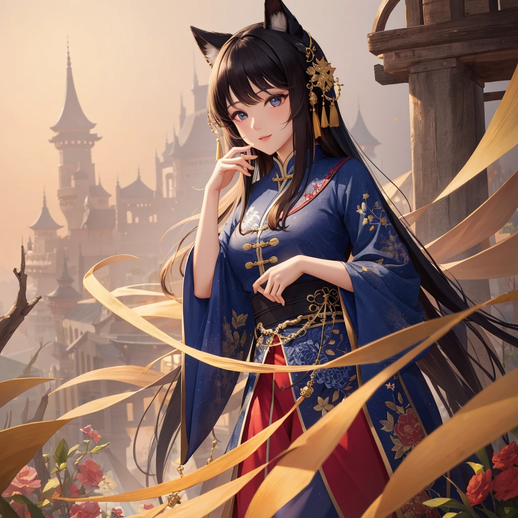 ((masterpiece)), ((best quality)), 8k, high detail, Super detailed, intricate details, illustration, fantasy, Surrealism, ((1 girl:1.2)), alone,solo, Describe the Chinese-style Jiang girl,  Jiang&#39;s girl clothing, (The imperial paper on the head), dressed in traditional garments, (night setting:1.2), (Ancient village ruins:1.1), (weird atmosphere), Chiang girl pose, (old charm:0.8), Detailed depiction of the Jiang girl in the Jiang pose, (Moonlight night), (mysterious mist), (traditional charm), (delicate eyes:1.1), (black hair), (pale skin), (red lips), balanced composition, lights under moonlight, Visual effects with eerie details, Maxon Cinema 4D，wilderness background,（（Big breasts））, long with yellow and black highlights hair，wear glasses，black and yellow hair