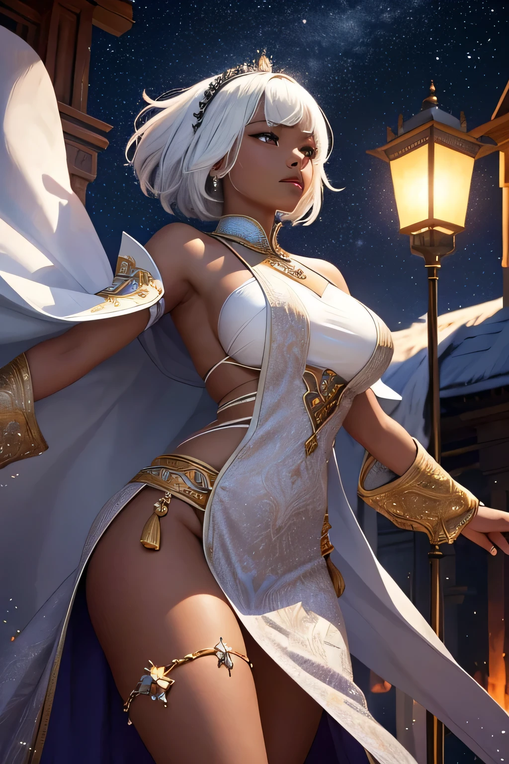 "A stunning black princess with striking (((short white hair))) commands attention as she performs on a grand ceremonial stage under the starry sky in the heart of Emerald City, the capital of Zara Kingdom. Her deep, ebony skin glows in the flickering light of the ceremonial bonfires, creating a mesmerizing contrast with her bright white hair, which gleams like silver in the night. She is adorned in a magnificent traditional outfit made of handwoven fabrics, accented with shimmering beadwork and vibrant feathers that glow softly in the firelight. As she dances, her movements are both powerful and fluid, a ritual that invokes the spirits of the ancestors. The crowd, holding lanterns that cast a warm light on their faces, watches in awe, their reverence palpable as the princess's white hair and dark skin create a striking and unforgettable image under the vast, starry sky."upper body