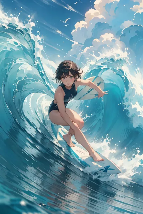 female surfer riding a wave in the ocean early in the morning、short hair、sexy and colorful swimwear、surfing、 (riding a surfboard...