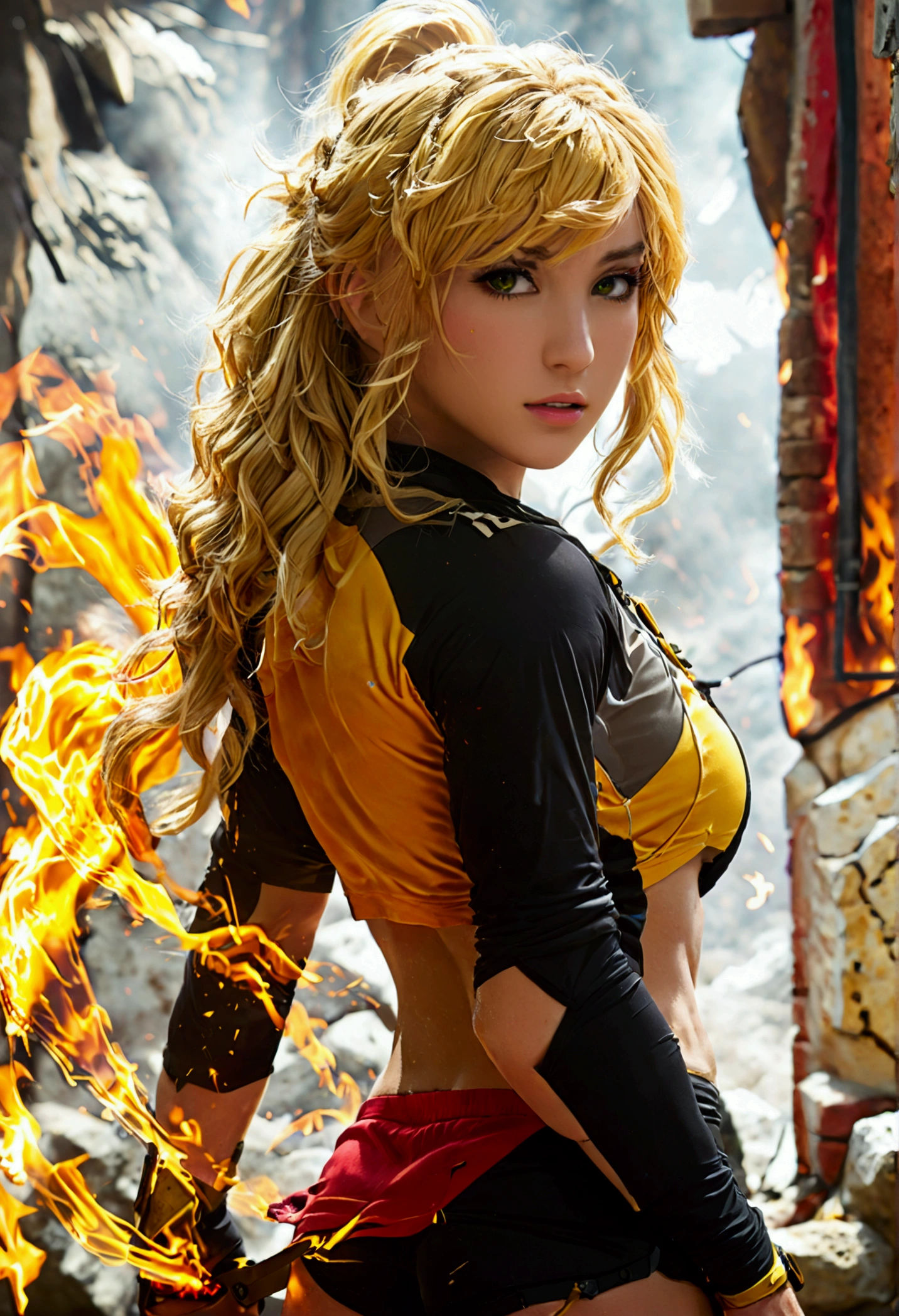 (promotional art), (Whole body), Yang Xiao Long of 'RWBY', aroused face, yellow hair, mystic fire all around, skin tight shorts, booty cheek shorts, 3/4 looking back pose, lean muscle, strong butt, ass cheek peaks out from shorts