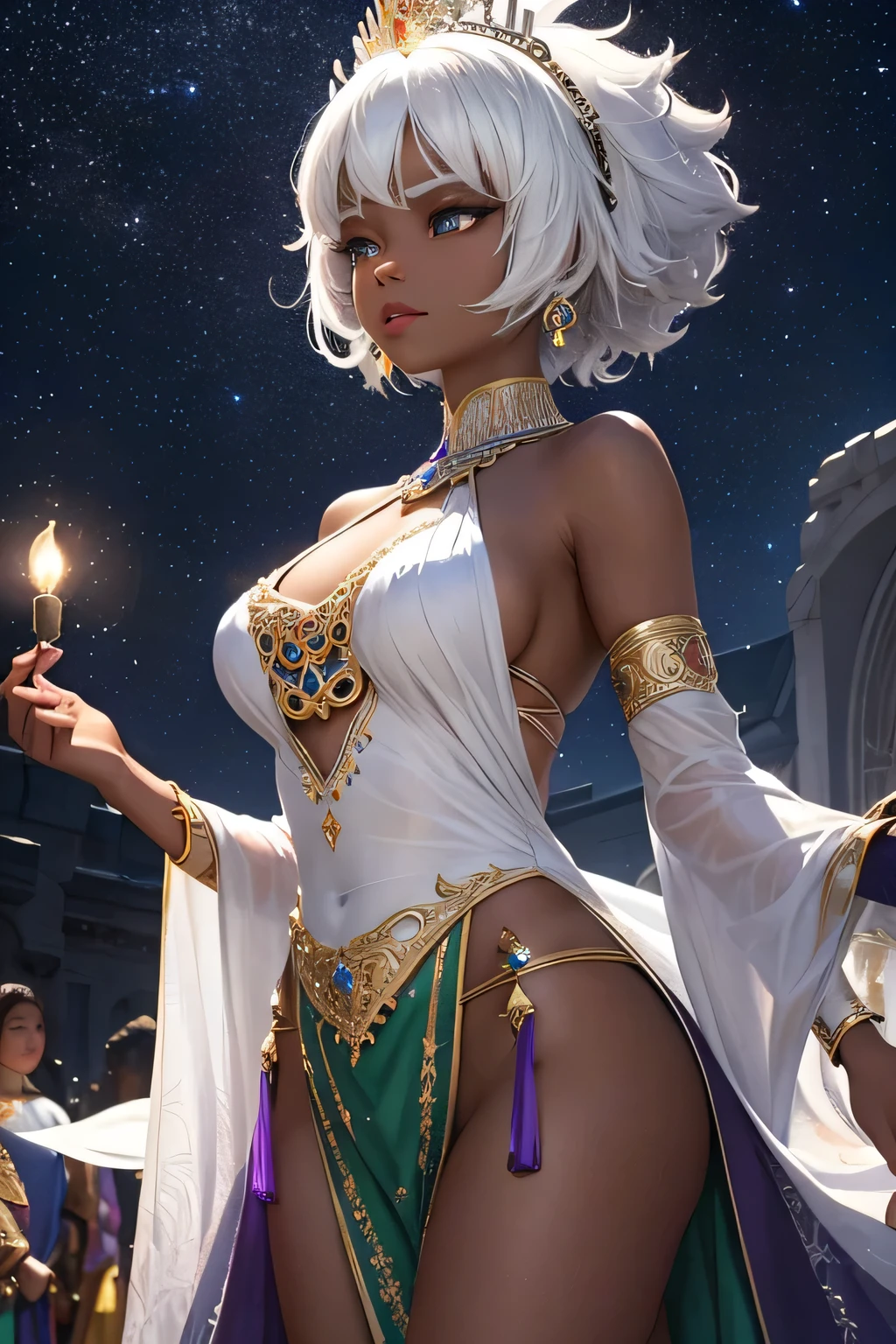 "A stunning black princess with striking (((short white hair))) commands attention as she performs on a grand ceremonial stage under the starry sky in the heart of Emerald City, the capital of Zara Kingdom. Her deep, ebony skin glows in the flickering light of the ceremonial bonfires, creating a mesmerizing contrast with her bright white hair, which gleams like silver in the night. She is adorned in a magnificent traditional outfit made of handwoven fabrics, accented with shimmering beadwork and vibrant feathers that glow softly in the firelight. As she dances, her movements are both powerful and fluid, a ritual that invokes the spirits of the ancestors. The crowd, holding lanterns that cast a warm light on their faces, watches in awe, their reverence palpable as the princess's white hair and dark skin create a striking and unforgettable image under the vast, starry sky."upper body