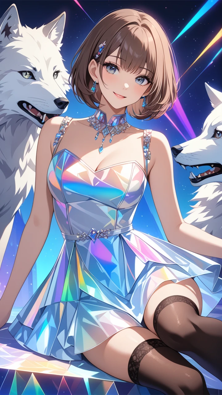 Highest quality　masterpiece　High resolution　masterpiece, Brown Bob, Grey Eyes, blunt cut, prismatic,holographic, Chromatic, colorful, dress, wolf, smile, thighhighs 