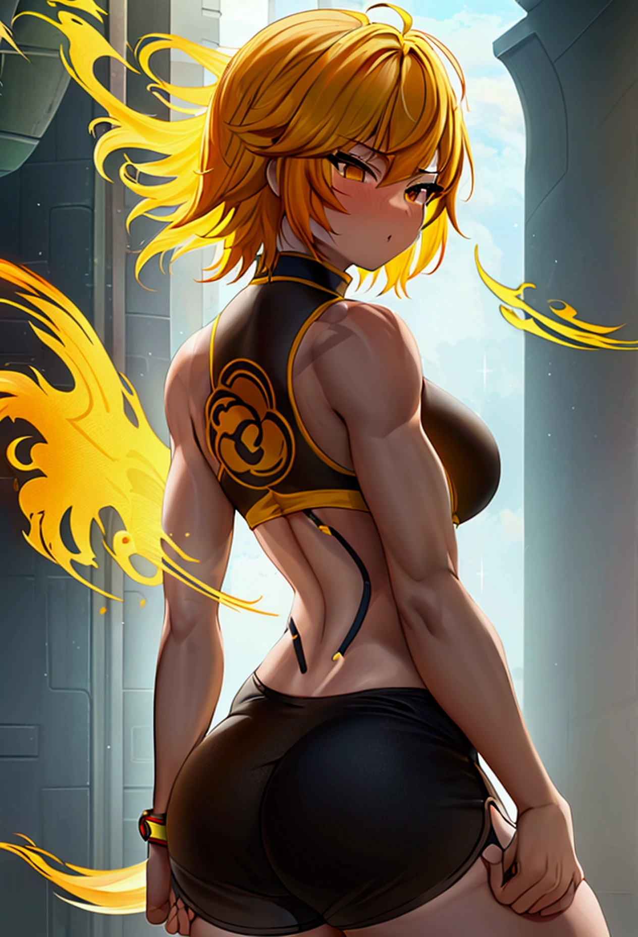 (promotional art), (Whole body), Yang Xiao Long of 'RWBY', aroused face, yellow hair, mystic fire all around, skin tight shorts, booty cheek shorts, 3/4 looking back pose, lean muscle, strong butt, ass cheek peaks out from shorts, underboob showing