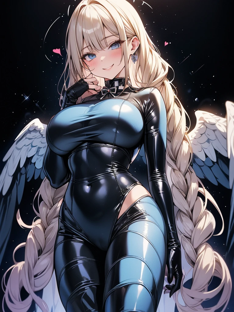 erotic　Tall blonde curly pigtails drill big breasted adult married woman　Light blue sequin rubber suit, Black background, heart, Bedroom, Dark Theme, evil, lure, excited, Condescending smile, Sexy pose, Upper body emphasis, Angle from below, white Angel wings, Angel, hands on knees