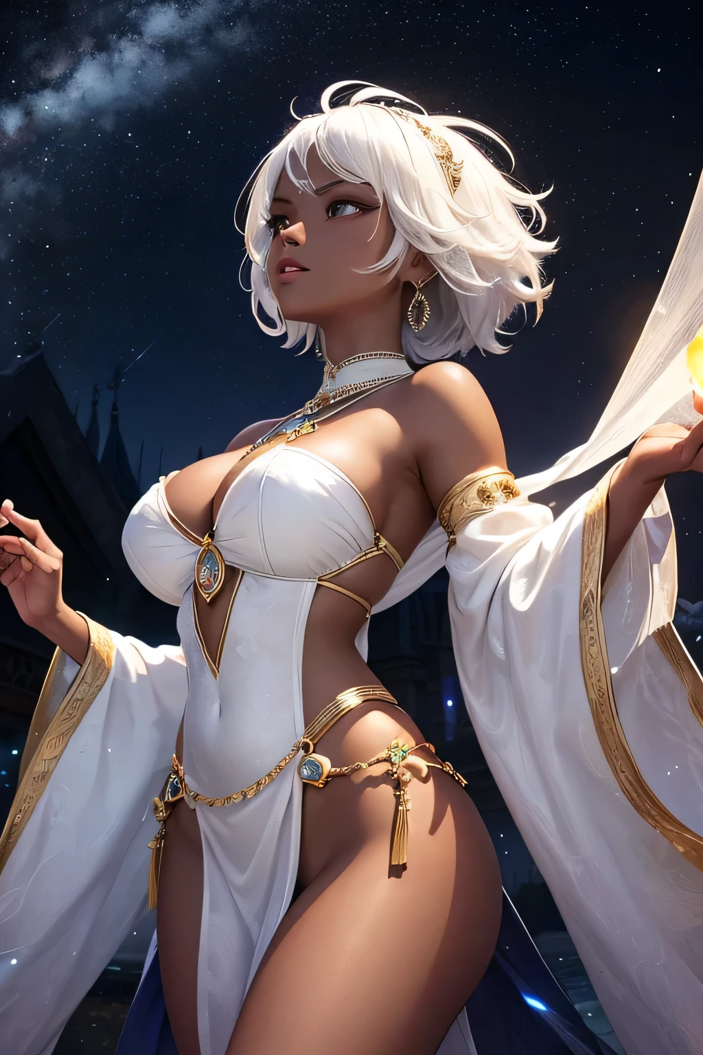 "A stunning black princess with striking (((short white hair))) commands attention as she performs on a grand ceremonial stage under the starry sky in the heart of Emerald City, the capital of Zara Kingdom. Her deep, ebony skin glows in the flickering light of the ceremonial bonfires, creating a mesmerizing contrast with her bright white hair, which gleams like silver in the night. She is adorned in a magnificent traditional outfit made of handwoven fabrics, accented with shimmering beadwork and vibrant feathers that glow softly in the firelight. As she dances, her movements are both powerful and fluid, a ritual that invokes the spirits of the ancestors. The crowd, holding lanterns that cast a warm light on their faces, watches in awe, their reverence palpable as the princess's white hair and dark skin create a striking and unforgettable image under the vast, starry sky."upper body