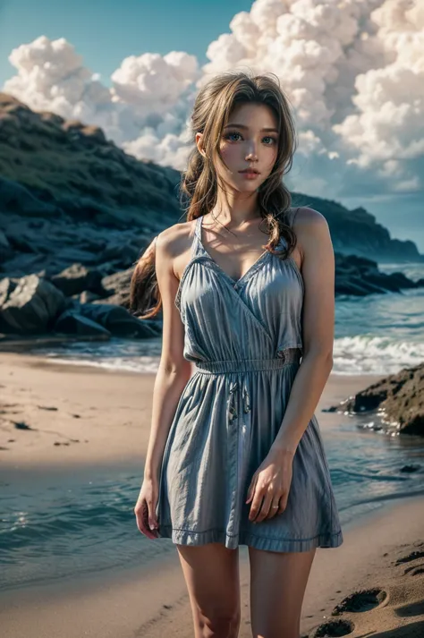 a beautiful woman with long brown hair, delicate facial features, and a serene expression standing on a sandy beach, wearing a r...