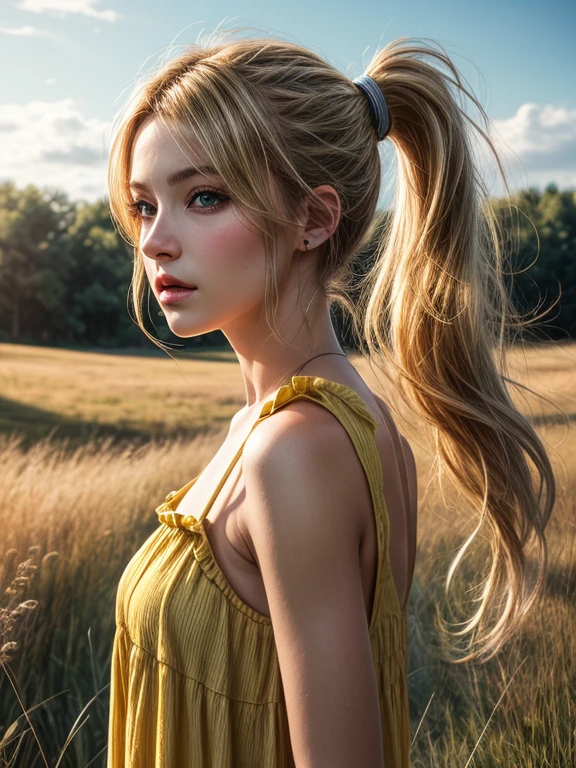 photorealistic, realistic, One, photorealistic, Best quality, super high resolution, 1 girl, Blonde hair in a ponytail, wearing a yellow sundress, wind blowing in the grass, 1 girl, beautiful, masterpiece, Best quality, very detailed face, perfect lighting, 1 girl , One, Best Quality, Ultra High Definition, Photorealistic, Ultra Detailed, Masterpiece, Best Quality