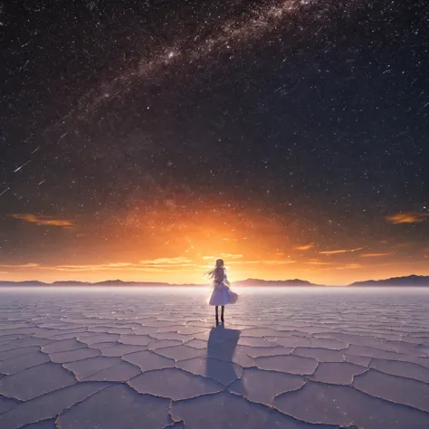 (master piece),(top-quality:1.2),(4k anime),(uyuni salt flat),(standing in salar de uyuni),(reflects the star sky and a lot of s...