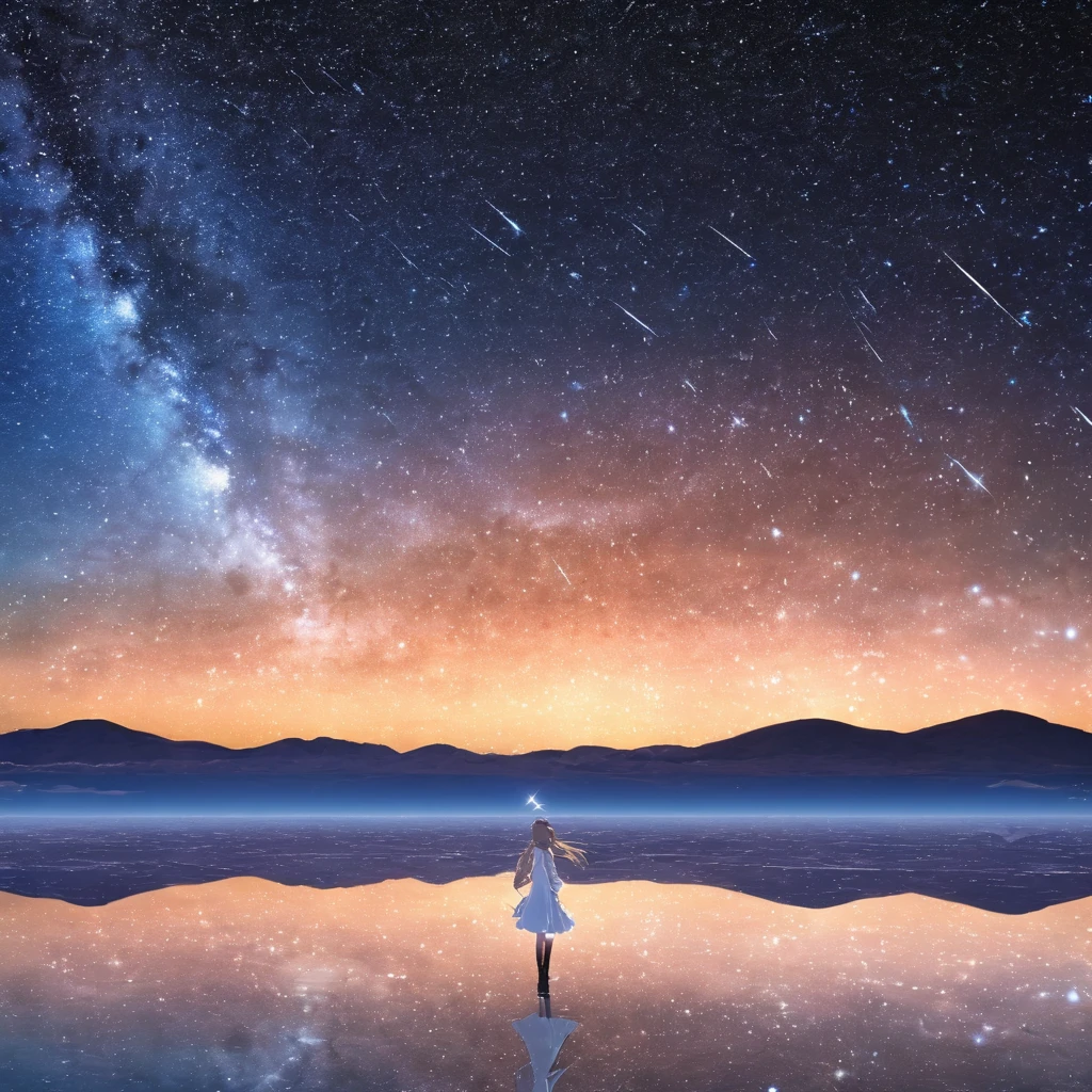 (master piece),(top-quality:1.2),(4k anime),(Uyuni Salt Flat),(standing in Salar de Uyuni),(Reflects the star sky and a lot of shooting stars),((The star sky is reflected on the water)),(very wide shot),1 girl,(solo),small breasts,white lolita fashion,((long sleeve white costume)),((white skirt)), ((full body)), ((look up)),(Highly detailed elegant), like a dream atmosphere, Hyper Detail,(many shooting stars),darkness sky,black sky,blue water,high contrast