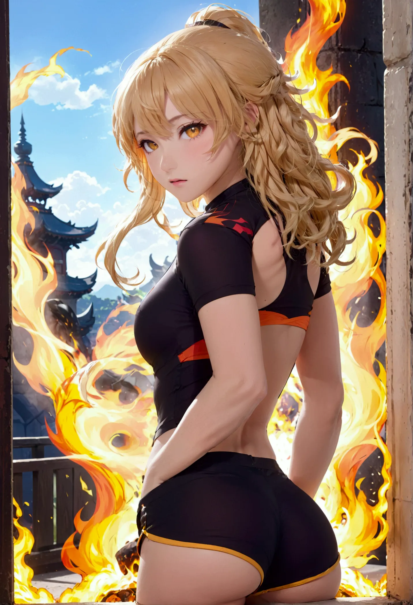 (promotional art), (whole body), yang xiao long of 'rwby', aroused face, yellow hair, mystic fire all around, skin tight shorts,...