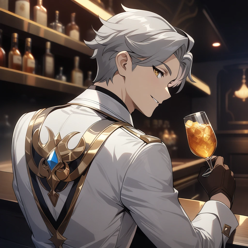 1boy, back turned, over the shoulder. holding glass, gold eyes, grey hair, handsome face, simple white suit shirt, bar background, upper body, decorative, masterpiece, high quality, hd, 4k, upper body, genshin artstyle, gloves, smiling