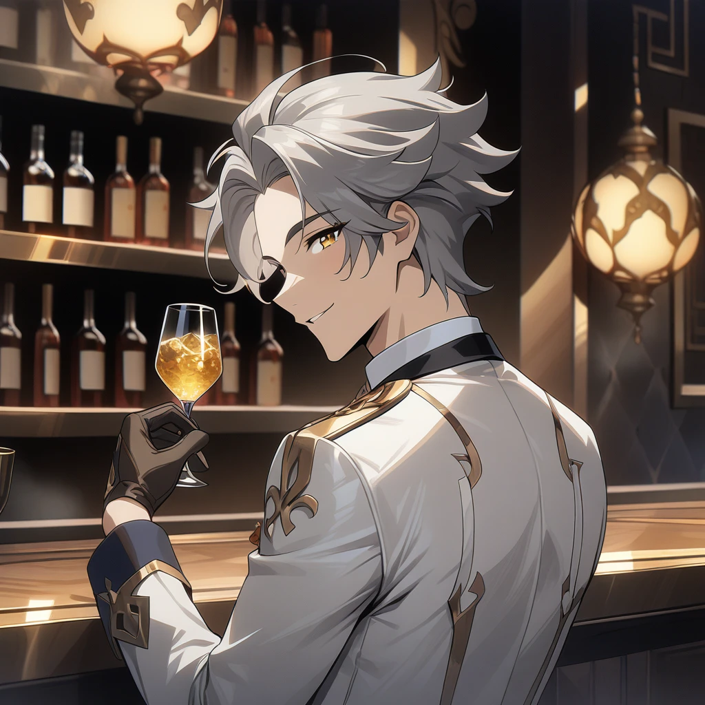 1boy, back turned, over the shoulder. holding glass, gold eyes, grey hair, handsome face, simple white suit shirt, bar background, upper body, decorative, masterpiece, high quality, hd, 4k, upper body, genshin artstyle, gloves, smiling