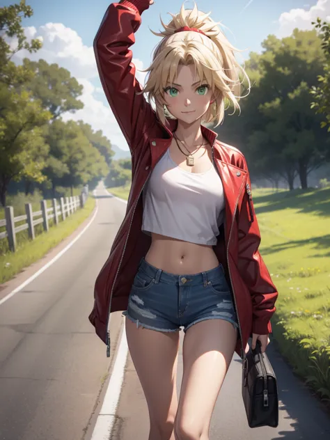 (​masterpiece、top-quality、hight resolution、unity 8k、extremely details cg:1,best picture), a girl is hitchhiking along an unpopul...