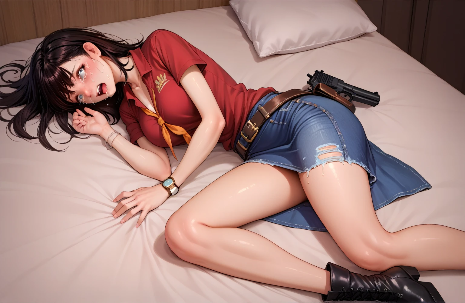 Japanese Beauty,Cowgirl Costume,Denim mini skirt,Short sleeve shirt Red check pattern Front tie shirt,Gun belt at the waist,Put the gun in the holster,Wearing western boots,Watch on wrist,Being drunk,Crying and being scared,indoor,Above the knee shot,Lying in bed,Ultra-high resolution,16K