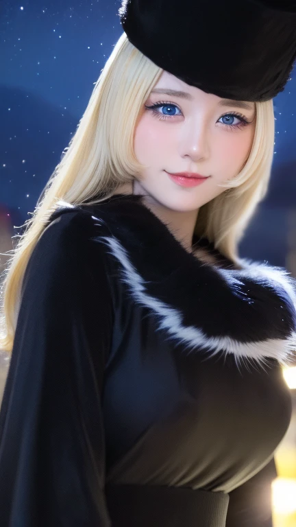 Beautiful and fair、Glowing Skin, 3 Up, Nice, bright, Refreshing and gentle look, Perfect beautiful face、, 美しく輝く前hair, , Blonde straight, hair, Care, ,, (((Fur trim))),, Black fur hat, Fur is, Black Dress, Yellow moment of sadness, 
, Shining Face, (Tight waist: 1.1), Lip Makeup, Long eyelashes, 
Very beautiful 17 year old girl, eyeliner, so perfect and beautiful、Nice big, clear, Sky blue eyes，Very large breasts,  、, (SFW)、front、View from above、, (SFW)、、、,,exy mature European woman, A kind smile:1.2), 、Thighs、、　、Crotch gap、
, vapor (station: 1.1), station platform, night, Milky Way, 999, 
, Milky Way, Fantastic and mysterious, Sci-Fi Fantasy
