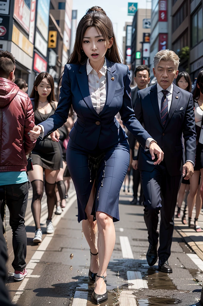 Woman pees during TV interview、incontinence、peeing herself、The interviewer is holding the microphone close to his mouth、Perfect figure、In the streets of Shibuya、I look up a little and tremble.、Mouth slightly open, shy、From above、Look at the audience、Wearing a suit、Wearing a skirt、The lower half of the body is wet with urine、The interviewer is surprised、High definition