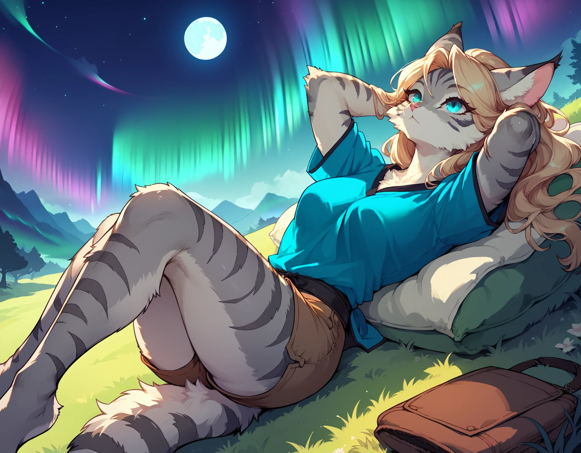 score_9,score_8_up,score_7_up, score_6_up, score_5_up, source_anime, kemono style, Kat, female Anthro furry feline, silver fur, grey stripes on body, blue eyes, long blonde hair, pink nose, :3, she is wearing blue tunic, brown short shorts, barefoot, lying on her back, legs crossed, one foot up, at a small campsite, hands behind head, lying on a brown sleeping bag, on a grassy hill, scenery shot, far away shot, beautiful starry night sky, aurora borealis, full moon, looking up at the sky, relaxed expression, 