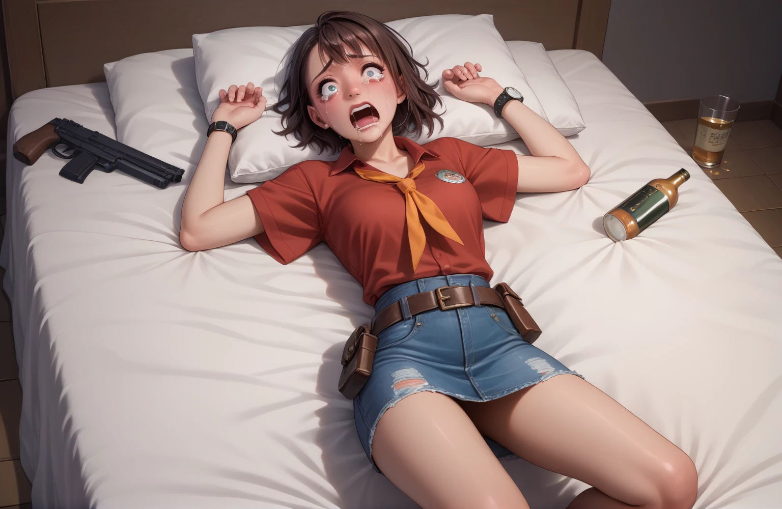 Japanese Beauty,Cowgirl Costume,Denim mini skirt,Red short sleeve front tie shirt,Gun belt at the waist,Put the gun in the holster,Wearing western boots,Watch on wrist,Being drunk,Crying and being scared,indoor,Above the knee shot,Lying in bed,Ultra-high resolution,16K