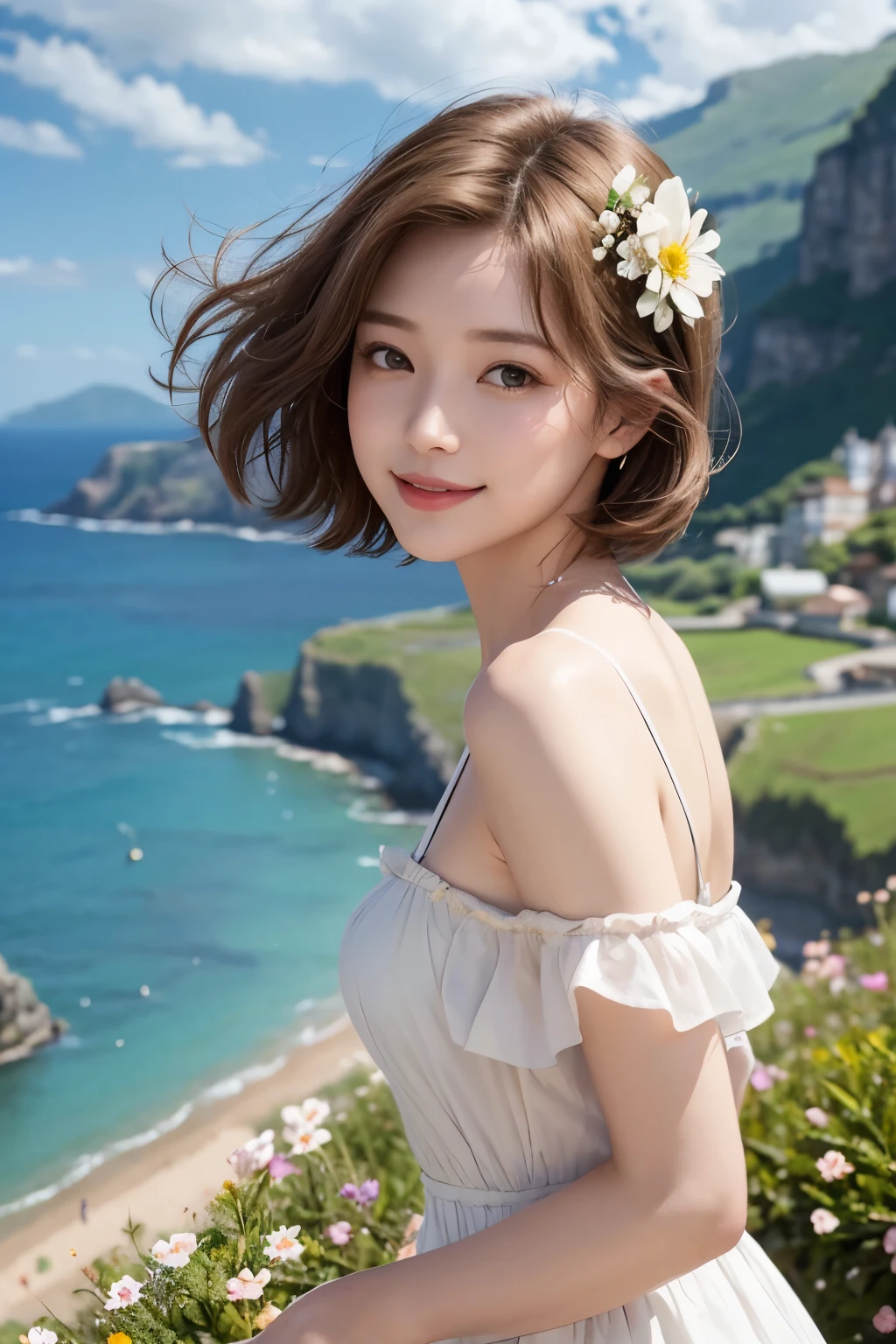 Highest quality, masterpiece, Ultra-high resolution、Photorealistic、Beautiful woman、Realistic Skin、Light brown short hair、Small flower hair ornament、Hair swaying in the wind、A Little Smile、A feminine, colorful and classic dress、Seaside with steep cliffs、Valley、Panoramic View、A softly sunny afternoon、Summer Clouds、