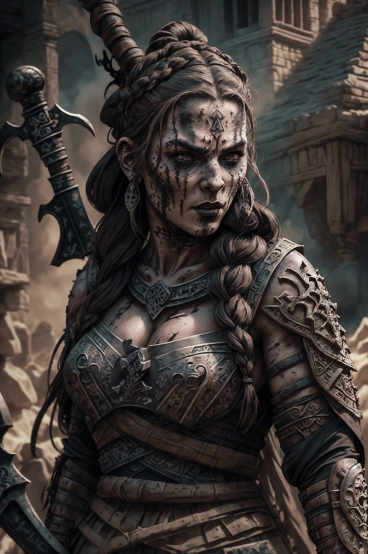 a fierce viking warrior woman, intricate braided hairstyle, detailed facial tattoos, dramatic war paint, battle-ready combat pose, sexy outfit, bloodied battle axe, highly detailed, cinematic lighting, dramatic shadows, moody color palette, digital art, hyper realistic