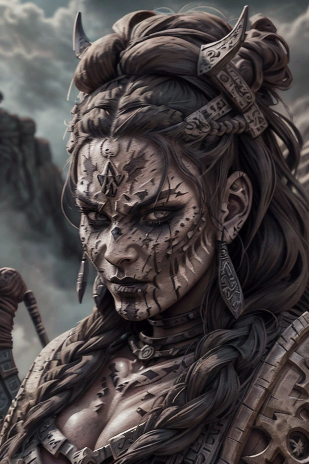 a fierce viking warrior woman, intricate braided hairstyle, detailed facial tattoos, dramatic war paint, battle-ready combat pose, sexy outfit, bloodied battle axe, highly detailed, cinematic lighting, dramatic shadows, moody color palette, digital art, hyper realistic