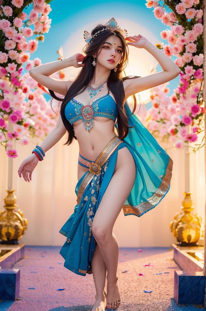 (Highly detailed), (illustration), (complicated), (Beautiful face), (attractive body), (full body image), goddess,Modern Indian Goddess, dynamic gesture, Flying petals, colorful, beautiful, Eye-catching, heaven. Realistic 