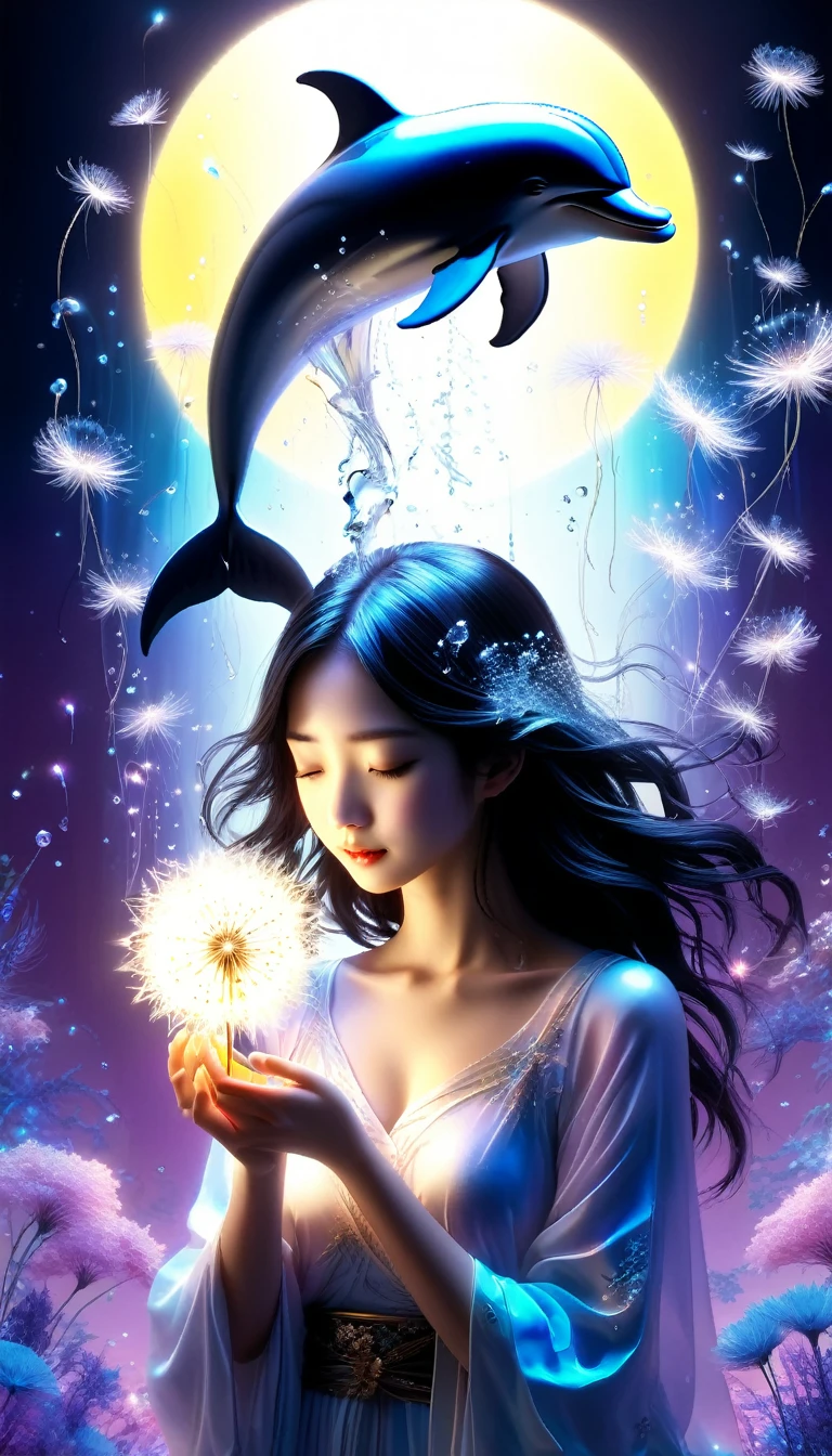 Made by AIS-RCN, 8K Photo, "words, Dolphin, Jump out of the light, Transform your thoughts into delicate works of art.", Supple, Black light、A Japanese girl holding a dandelion and crying