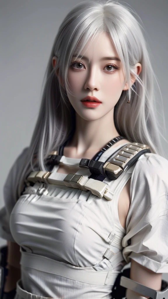 a close up of a person in a white dress with a white hair, tifa lockhart with white hair, cyborg - girl with silver hair, perfect android girl, girl with white hair, perfect white haired girl, echo from overwatch, white haired, inspired by Leng Mei, girl with short white hair, white-haired, beutiful white girl cyborg
