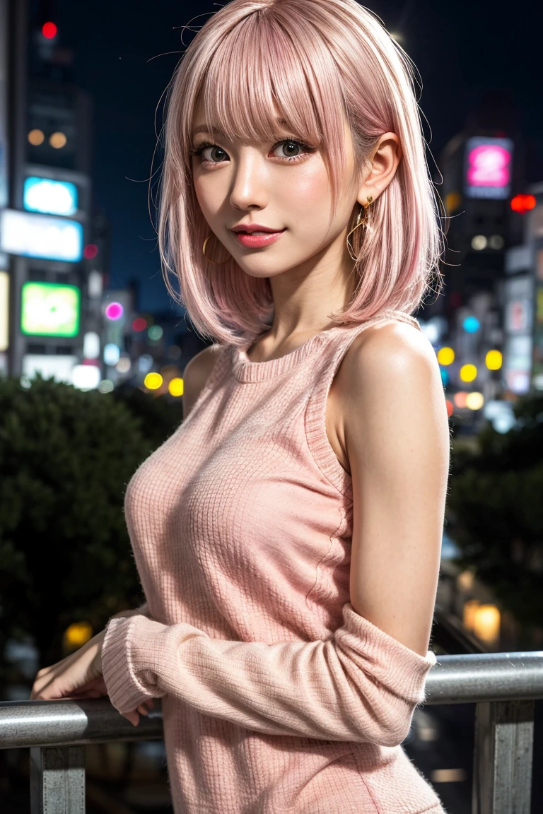 Highest quality, Tabletop, Ultra-high resolution, (Realistic:1.4), (Japanese Idols),RAW Photos, One Girl, night,Detailed skin,Tokyo cityscape in Japan,,Blonde, (Pink inner hair:1.3),Glossy Lips,smile,(Model pose:1.2),21 years old,Beautiful and beautiful eyes,Diamond jewellery,Earrings,Gold Jewelry,Cold Light,Tight black knitwear,,(Strengthened upper arms:1.2),A well-trained body,Pixie Hair