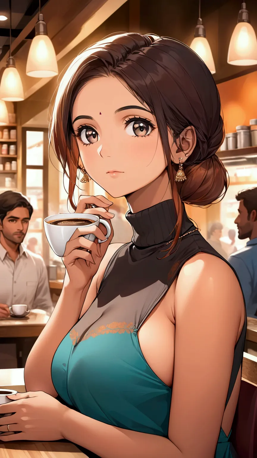 create an image of a woman in a sleeveless, turtleneck dress, sitting in a busy coffee shop. huge bust side cute, breasts visibl...