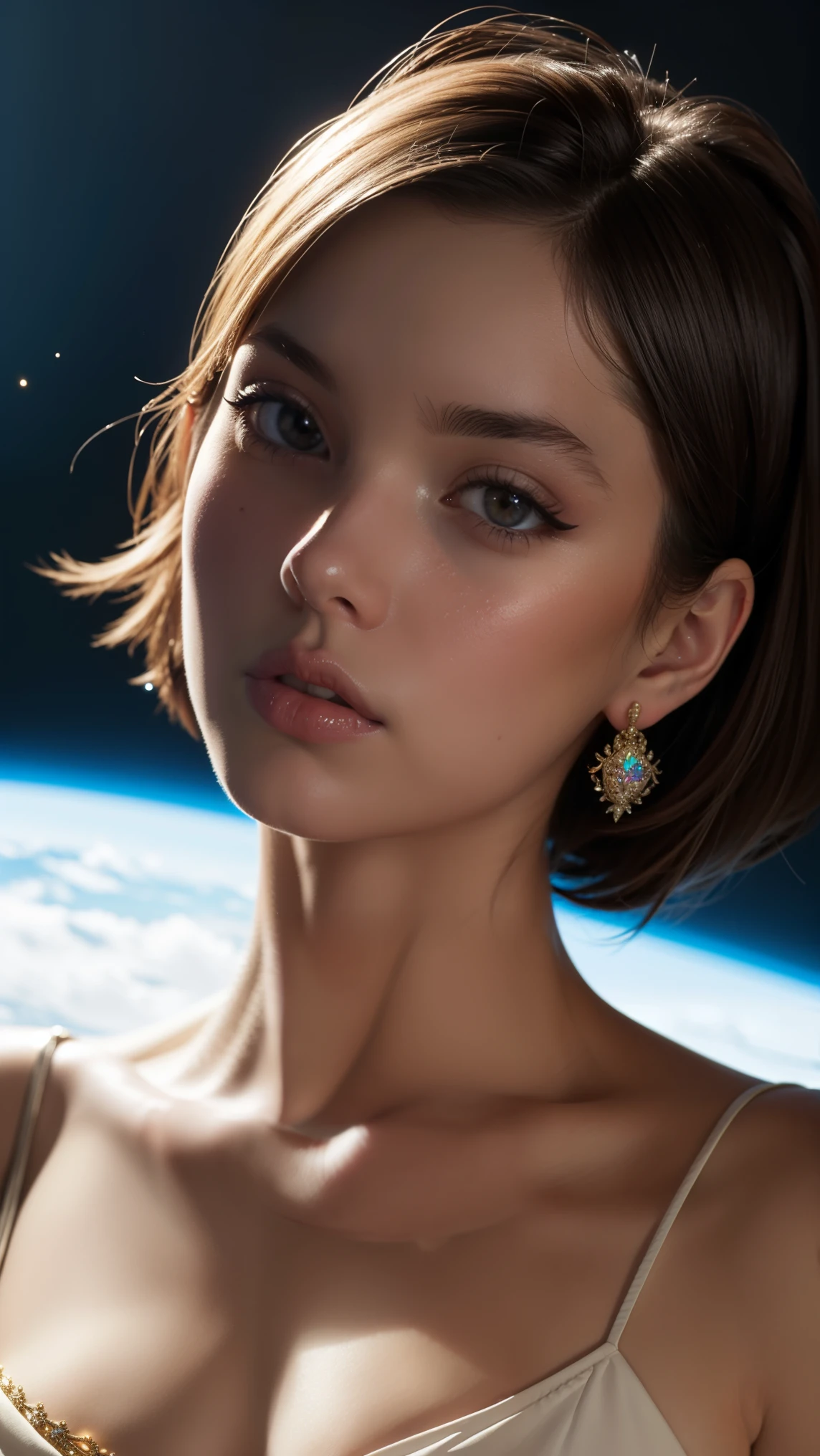 masterpiece, best quality, (extremely detailed CG unity 8k wallpaper, masterpiece, best quality, ultra-detailed, best shadow), (detailed background), (beautiful detailed face, beautiful detailed eyes), High contrast, Realistic woman, frecles, (best illumination, an extremely delicate and beautiful), short hair, hair ornament, accessories, piercing, intricate background, colorful light_particles, space, dark background,  