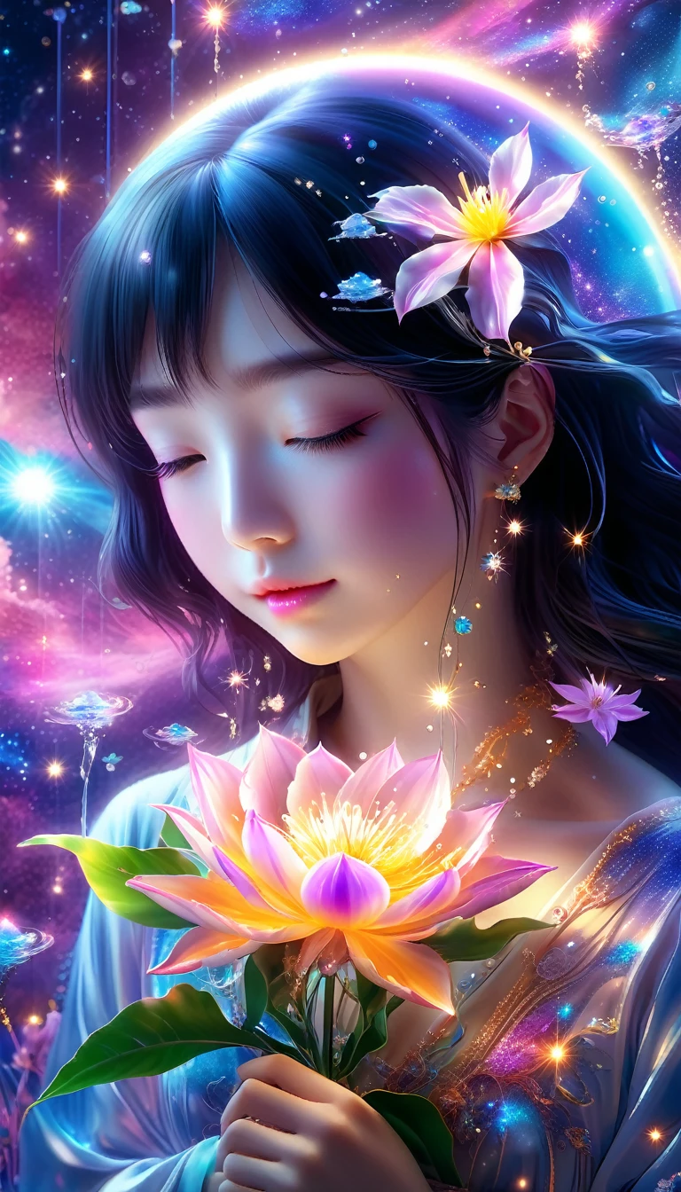 Made by AIS-RCN, 8K Photo, "words, Dolphin, Jump out of the light, Transform your thoughts into delicate works of art.", Supple, Black light、A Japanese girl holding a cosmos flower and crying、Cute face