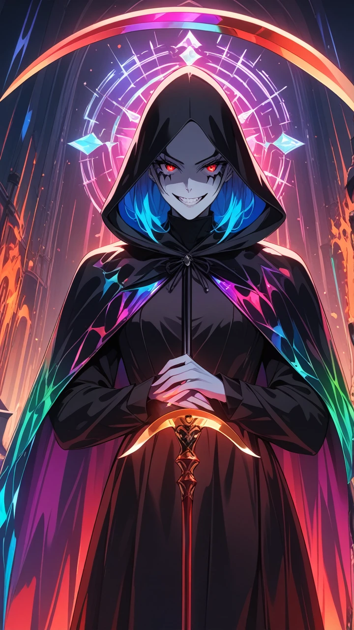 Highest quality　masterpiece　High resolution　masterpiece, cape, hood, blunt cut, red eyes, evil  smile, prismatic,holographic, Chromatic, colorful, grim reaper clothes, Scythe, hell