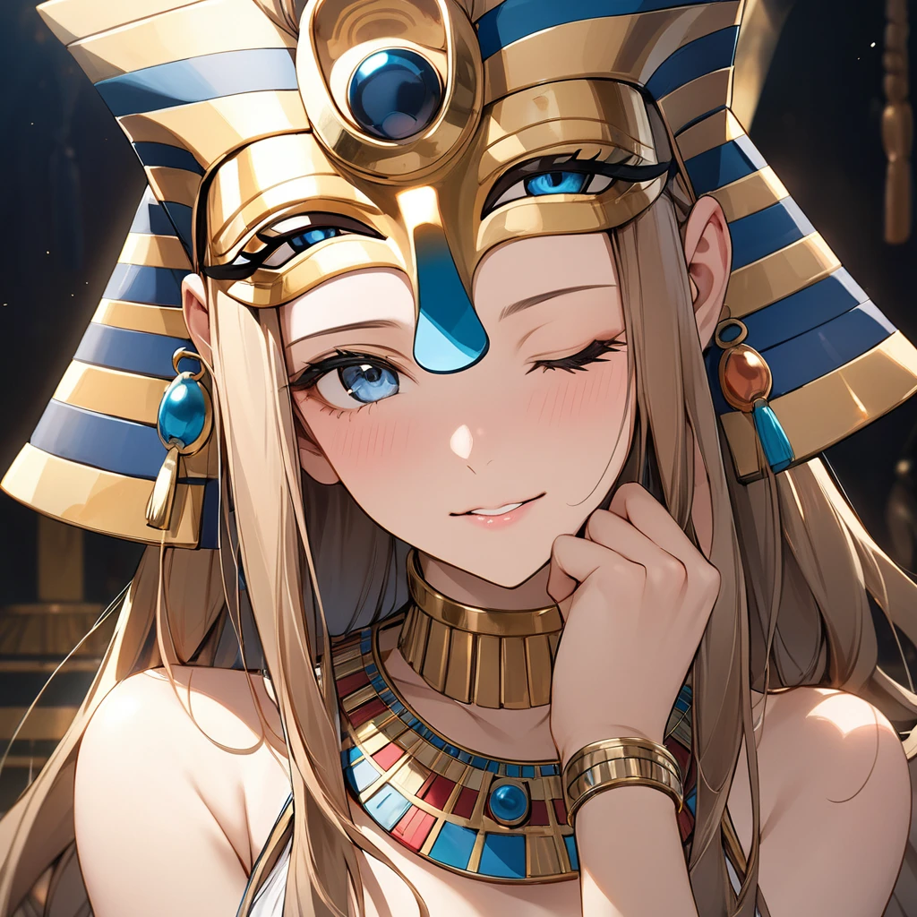 ((Highest quality)), ((masterpiece)), (detailed), （Perfect Face）、The woman with the face of the ancient Egyptian Tutankhamun mask is Yuuki Asuna, with light brown, medium-long hair and a magnificent Tutankhamun face, wearing a Tutankhamun hat, making her face completely resemble Tutankhamun&#39;s mask.、The woman is dressed as Tutankhamun of ancient Egypt.、A woman sits on an ancient Egyptian throne and reigns with the golden face of Tutankhamun