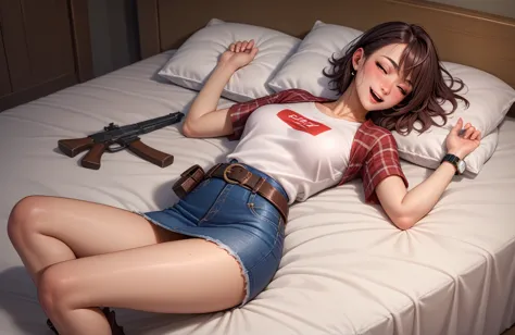 beautiful japanese women,cowgirl costume,denim mini skirt,red checked short sleeve shirt,gun belt at waist,the gun is stored in ...