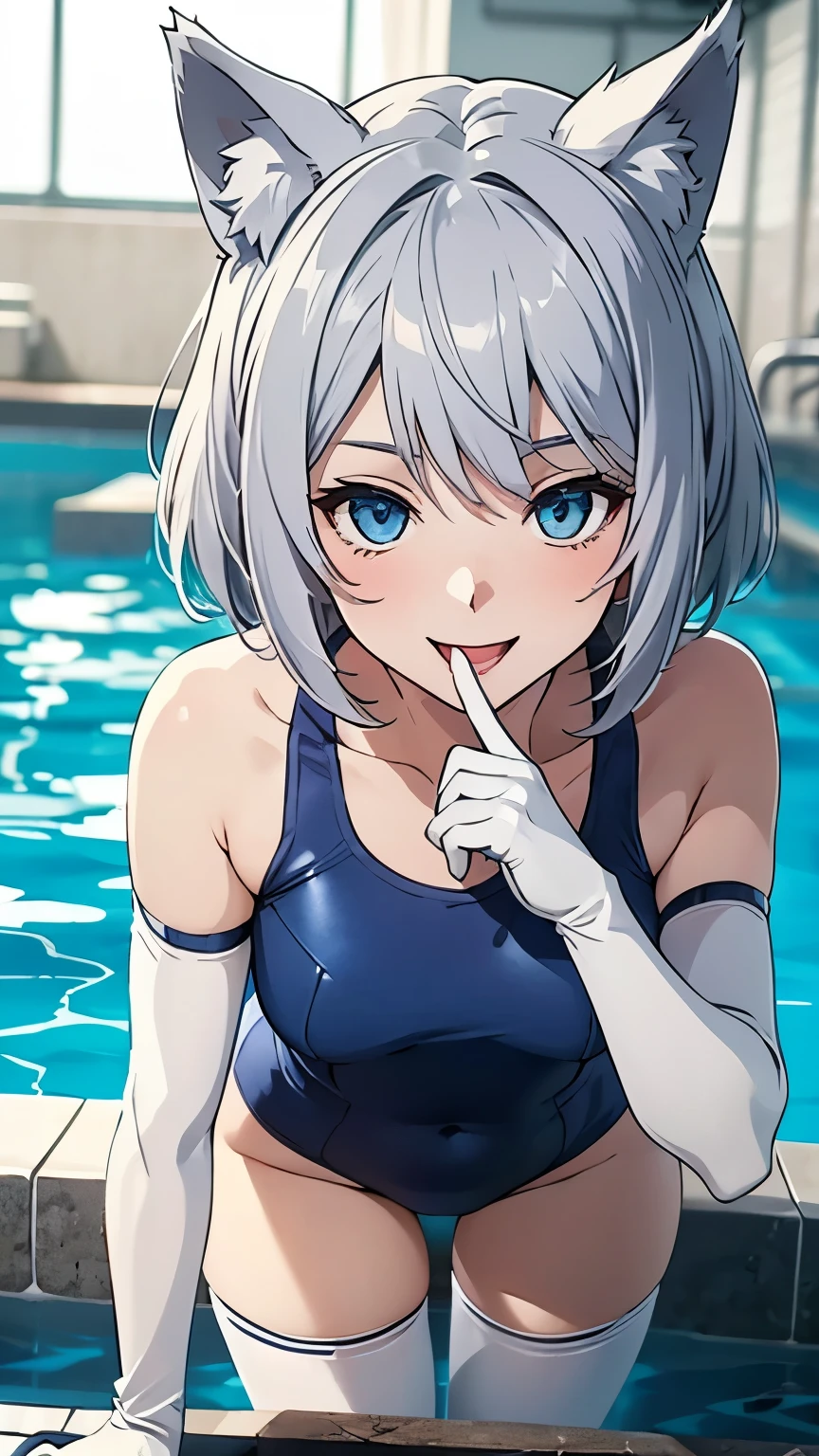 Tabletop　High resolution　Best image quality　8k　 Adult female　Anime Style　White long gloves（Elbow Gloves）　Navy blue school swimsuit　White Pantyhose　White wolf ears　short hair（（Shortcuts）（Gray Hair）（Perm）（fluffy））　blue eyes　Attractive face（（Laughter）（smile）（Open your mouth））　Pool