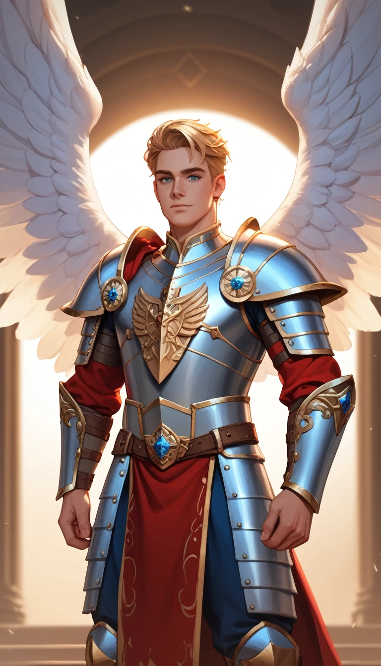 dungeons and dragons, character design, best quality, masterpiece, extremely detailed, 30 year old, masculine, celestial being, male aasimar, short middle parting hair, protector paladin, massive angel wings, ornate heavy plate armor, flowy tabard, majestic word, majestic shield, soft lighting, dreamy atmosphere, perfect face, perfect hands, perfection