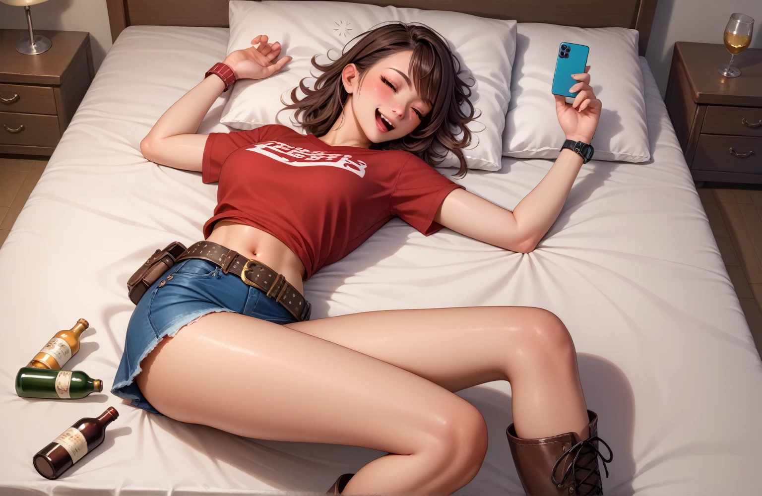 Beautiful Japanese Women,Cowgirl Costume,Denim mini skirt,Red checked short sleeve shirt,Gun belt at waist,The gun is stored in a holster,Wear western boots,Navel exposed,Watch on wrist,Being drunk,Hiccups,Look here,indoor,Above the knee shot,Lying in bed,Ultra-high resolution,16K