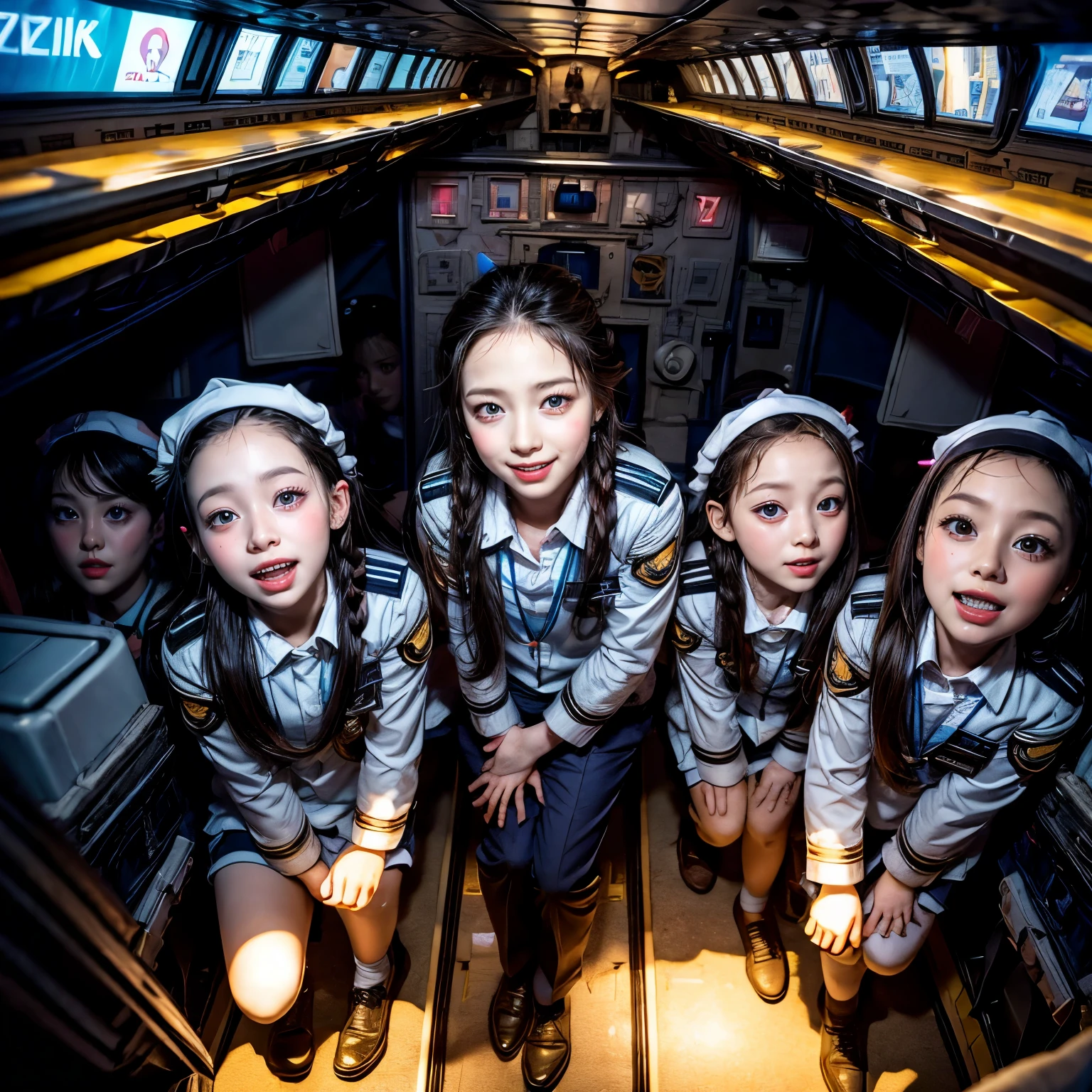 SFW,  ExtremelyDetailed (((Air crew Kids group in Kidzania:1.4))), perfect face, Reflective Eyes, Detailed(Delicate Clothing textures), Corrected Leg to Foot Line, ((Specular Reflection:1.28)), TopQuality 8K Ultra-detailed masterpiece (ProfessionalPhoto:1.37)(Acutance:0.8),(Luminism)